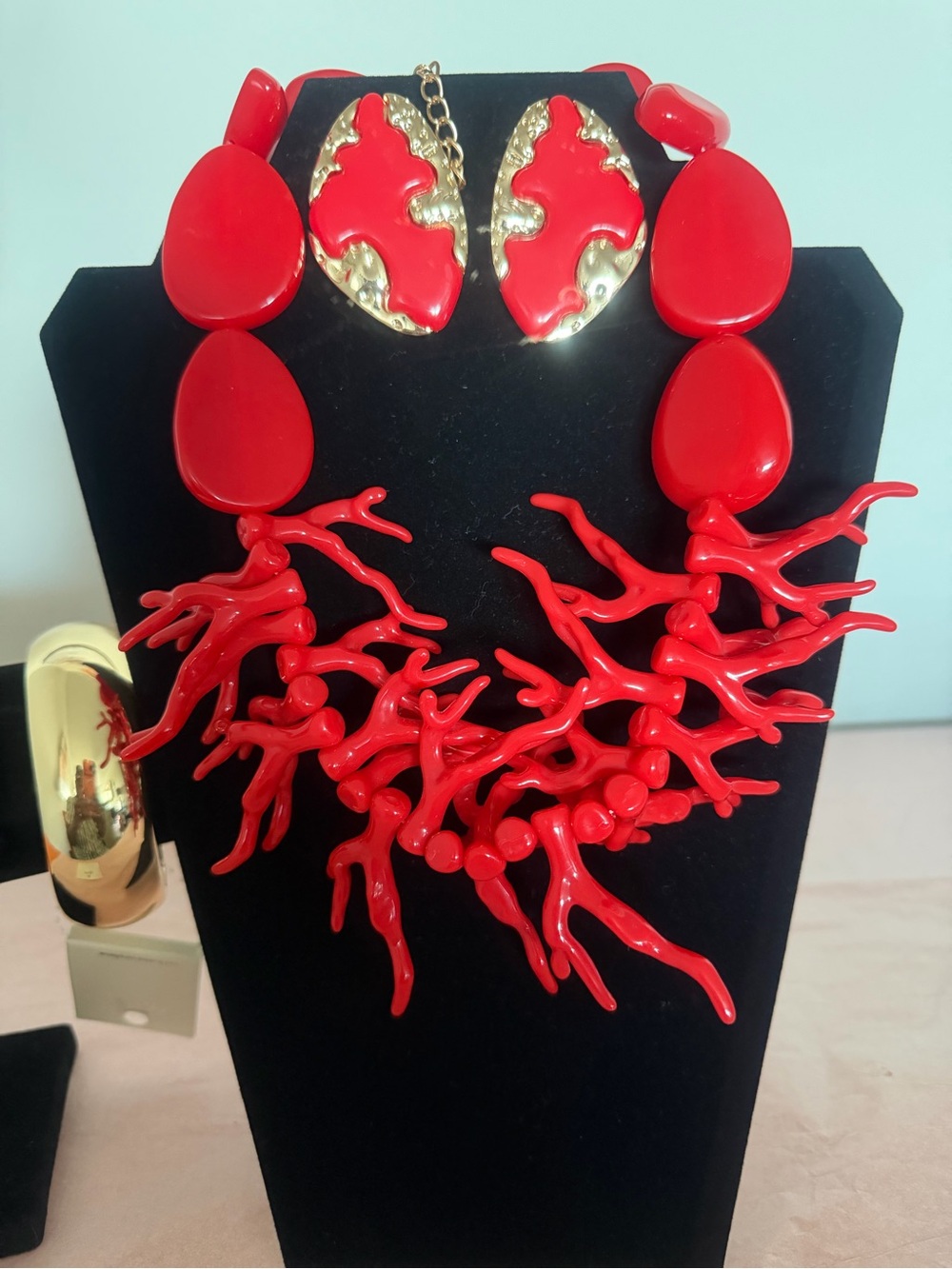 Red Coral-Style Statement Necklace, Earrings and Bracelet Set
